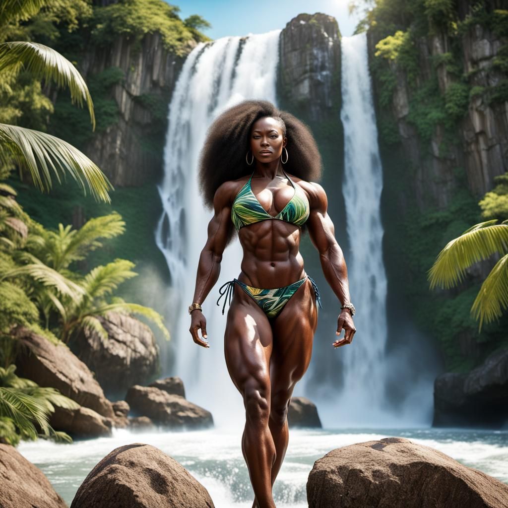 Hyperrealistic African Bodybuilder in Tropical Setting