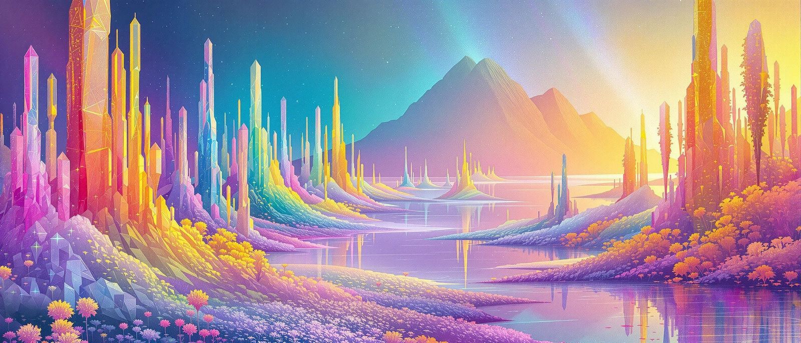 Surreal Dreamscape Unfolds with Iridescent Hills and Shimmer...