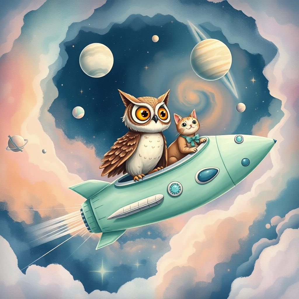 Cosmic Cat and Owl Voyage Through a Whimsical Nebula