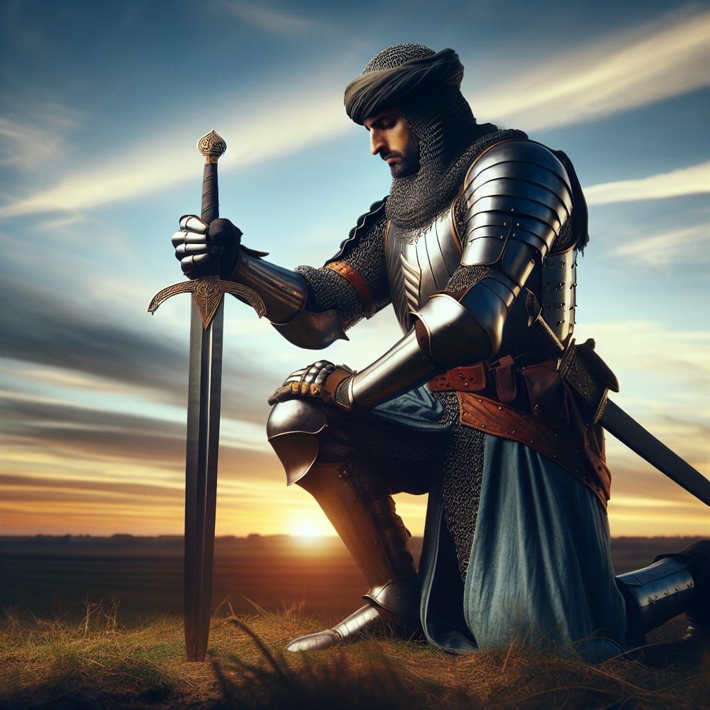 Medieval Knight Kneeling at Sunset