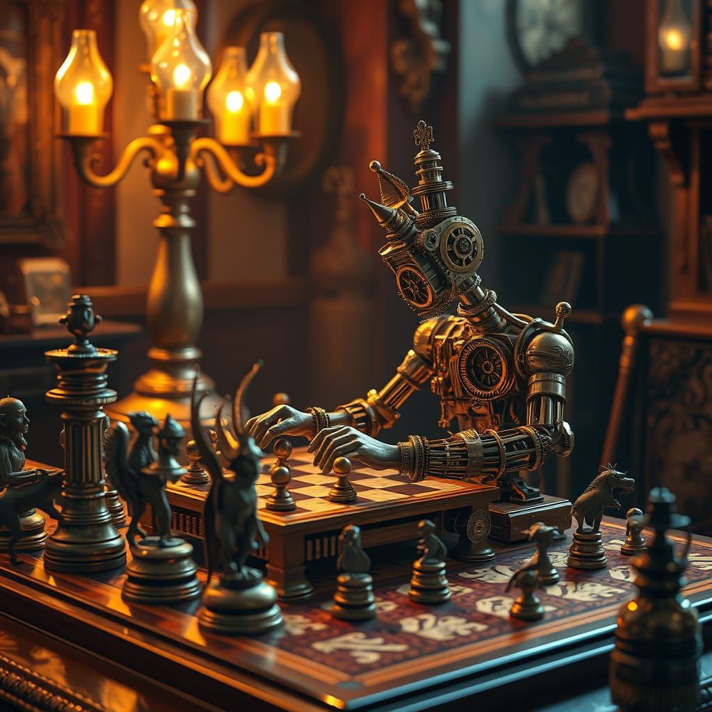 Steampunk Automaton Chess Player in Golden Light