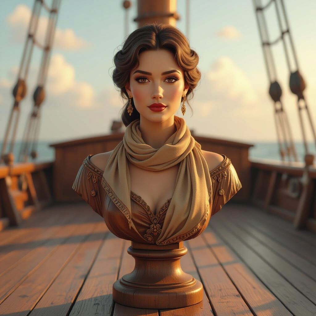 Elegant Wooden Bust on Sailing Ship