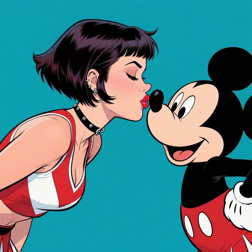 Punk Cheerleader Kisses Mickey Mouse in Comic Art Style