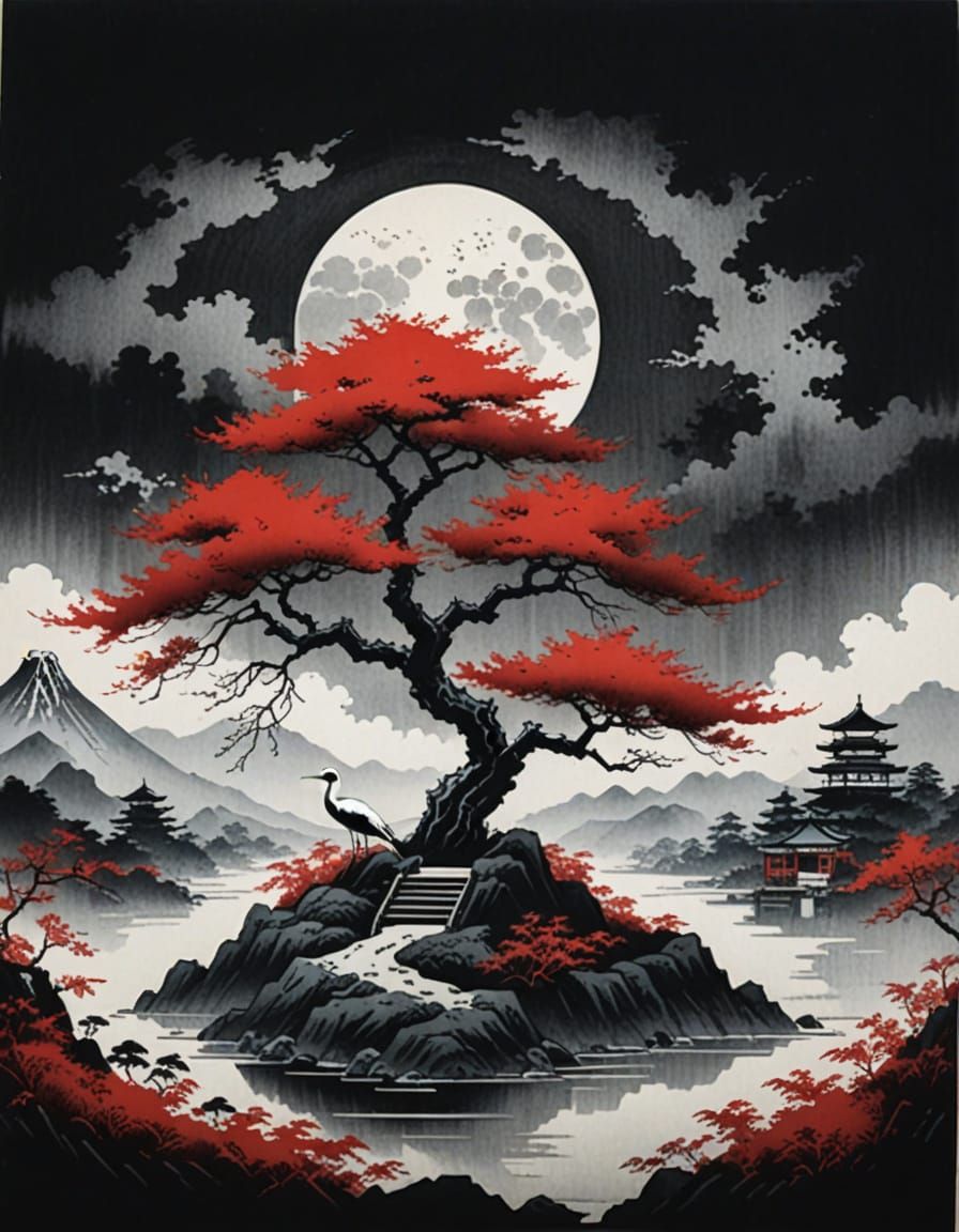 Solitary Crane in Japanese Woodblock Print Style