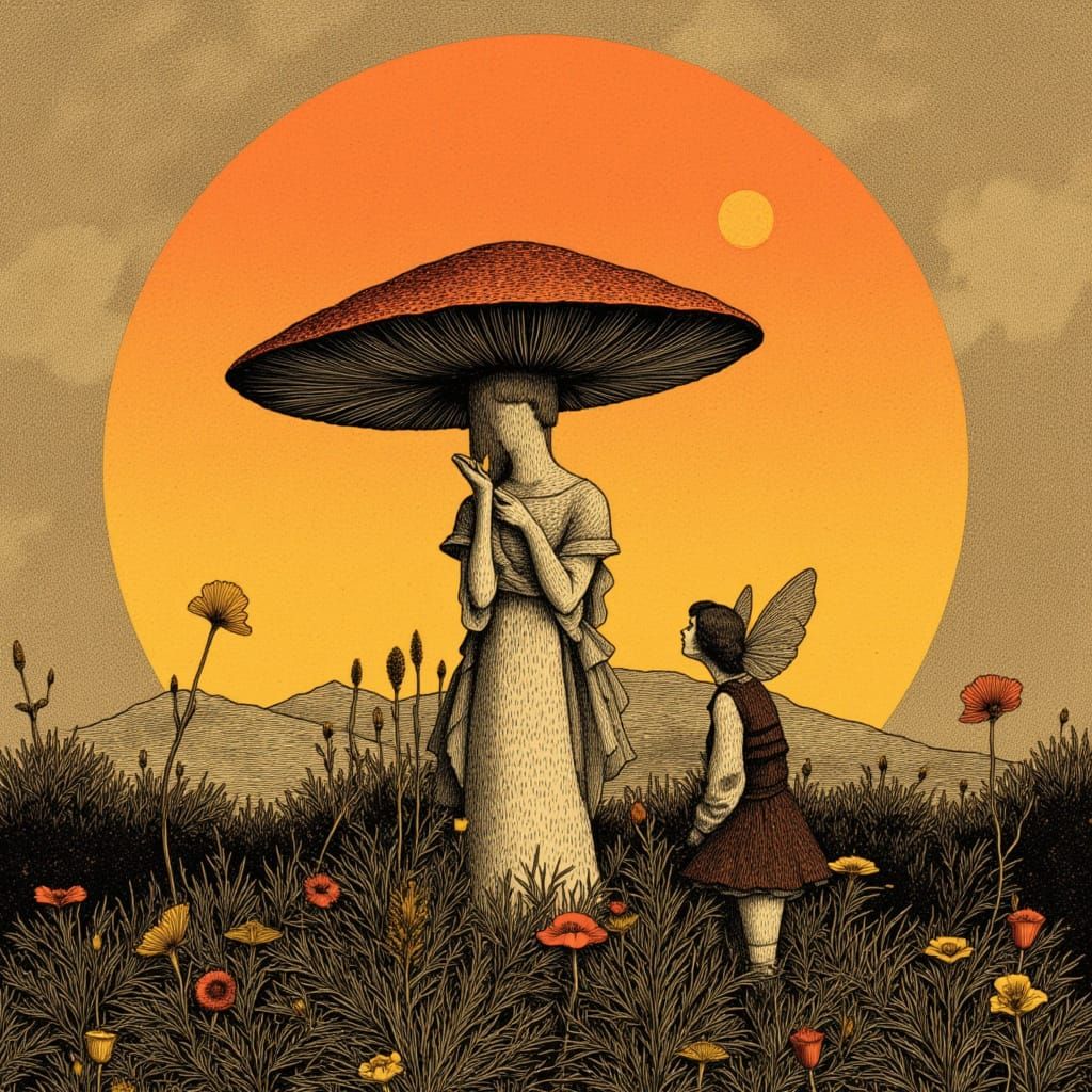 <lora:SurrealRetro:1.0> <lora:MJ Style 2:1.0> <lora:Lost Faces:1.0> A fairy resting under a mushroom during a sunset. Th...