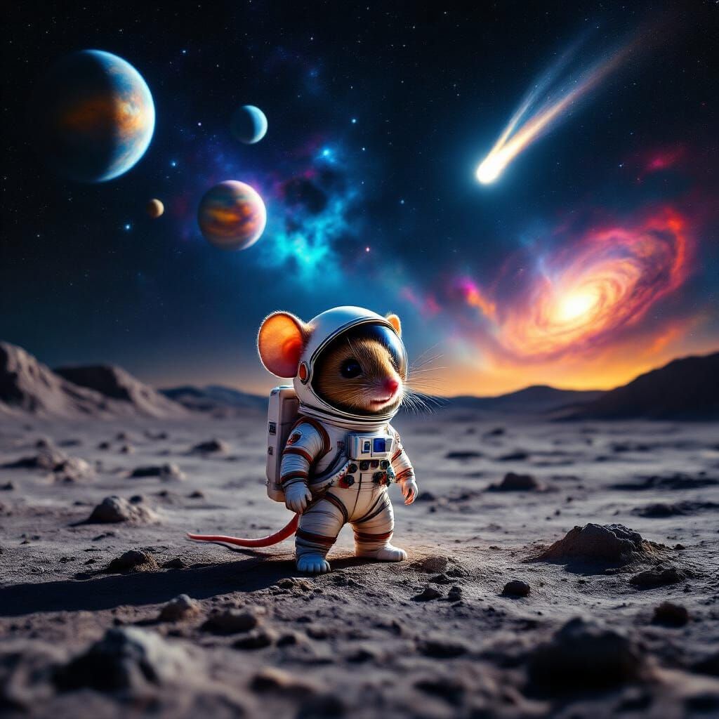 Chibi Mouse Astronaut on Moon, Starry Cosmos