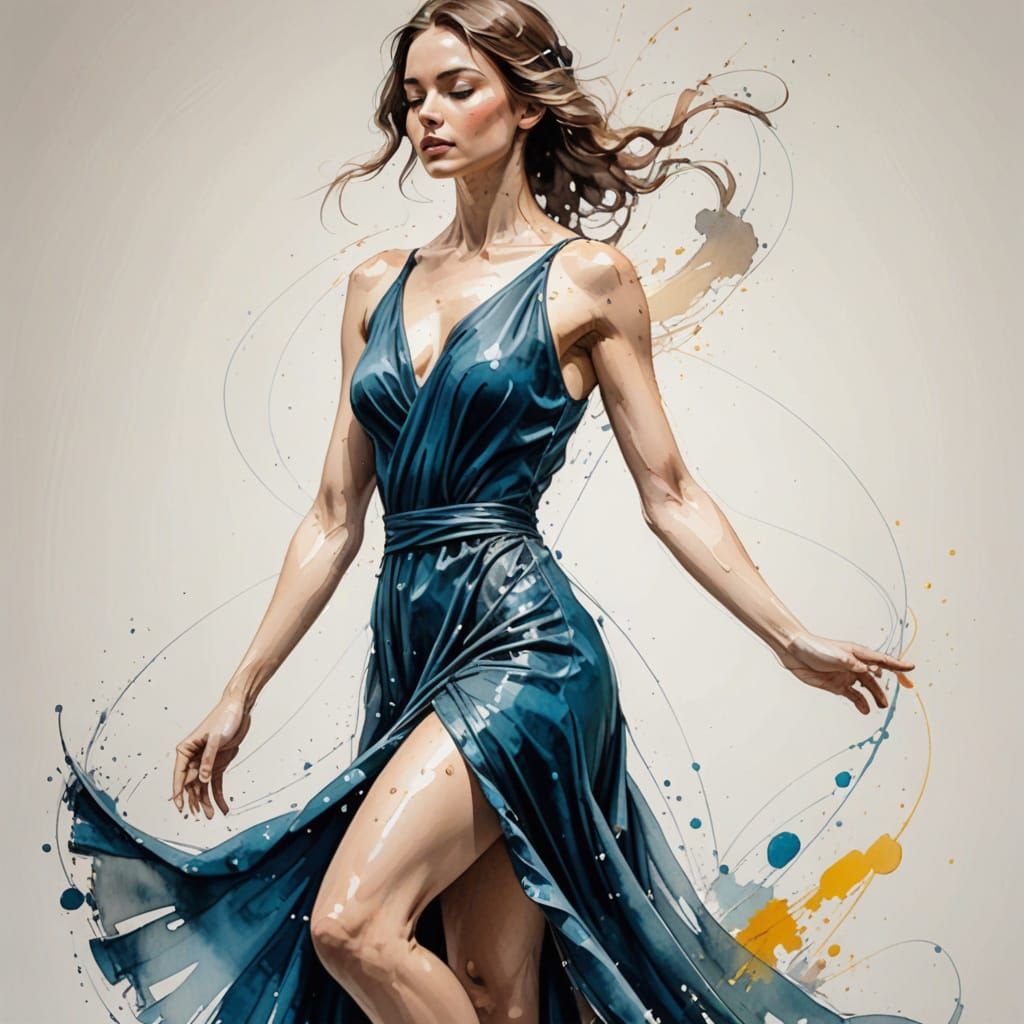 Acrobatic Model in Flowing Dress with Oil Accents