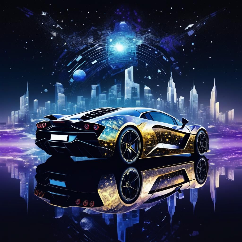 Futuristic Supercar Double Exposure in Starry Sky