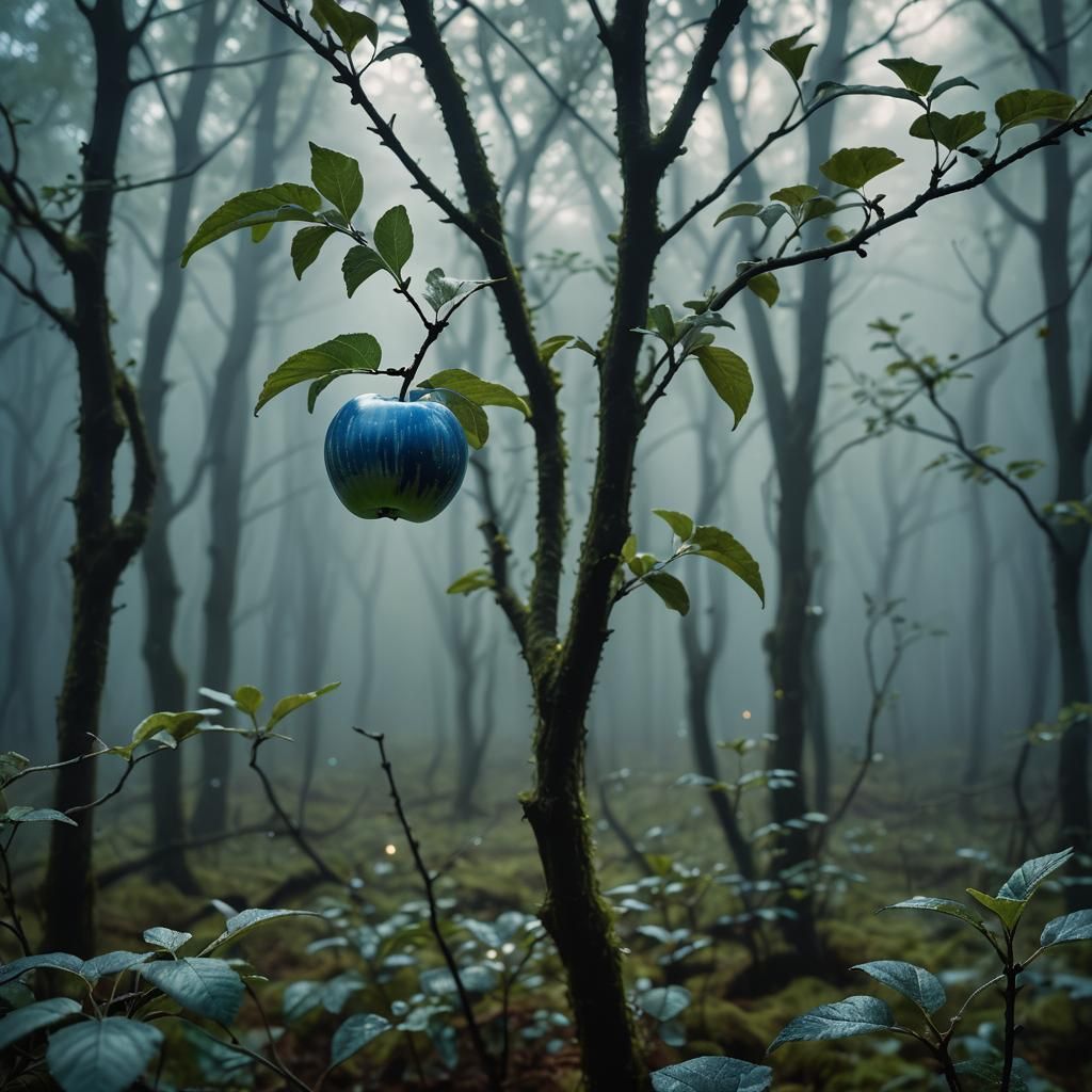 Glowing Blue Apple in Misty Forest