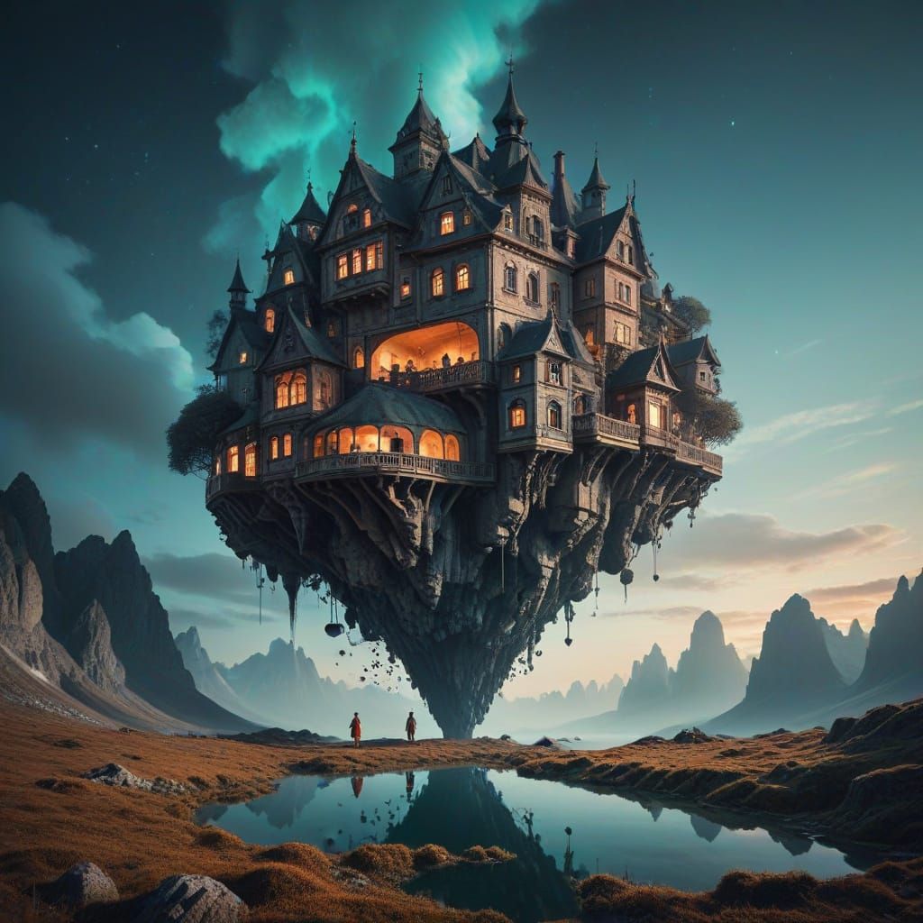 Surreal Inverted World Landscape with Whimsical Figures in a...