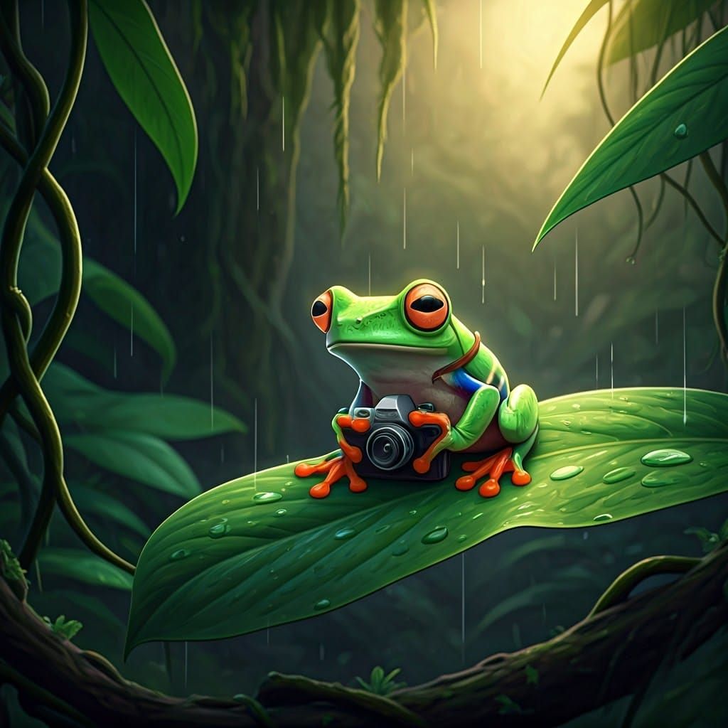Frog Photographer in Misty Rainforest, Anime Style