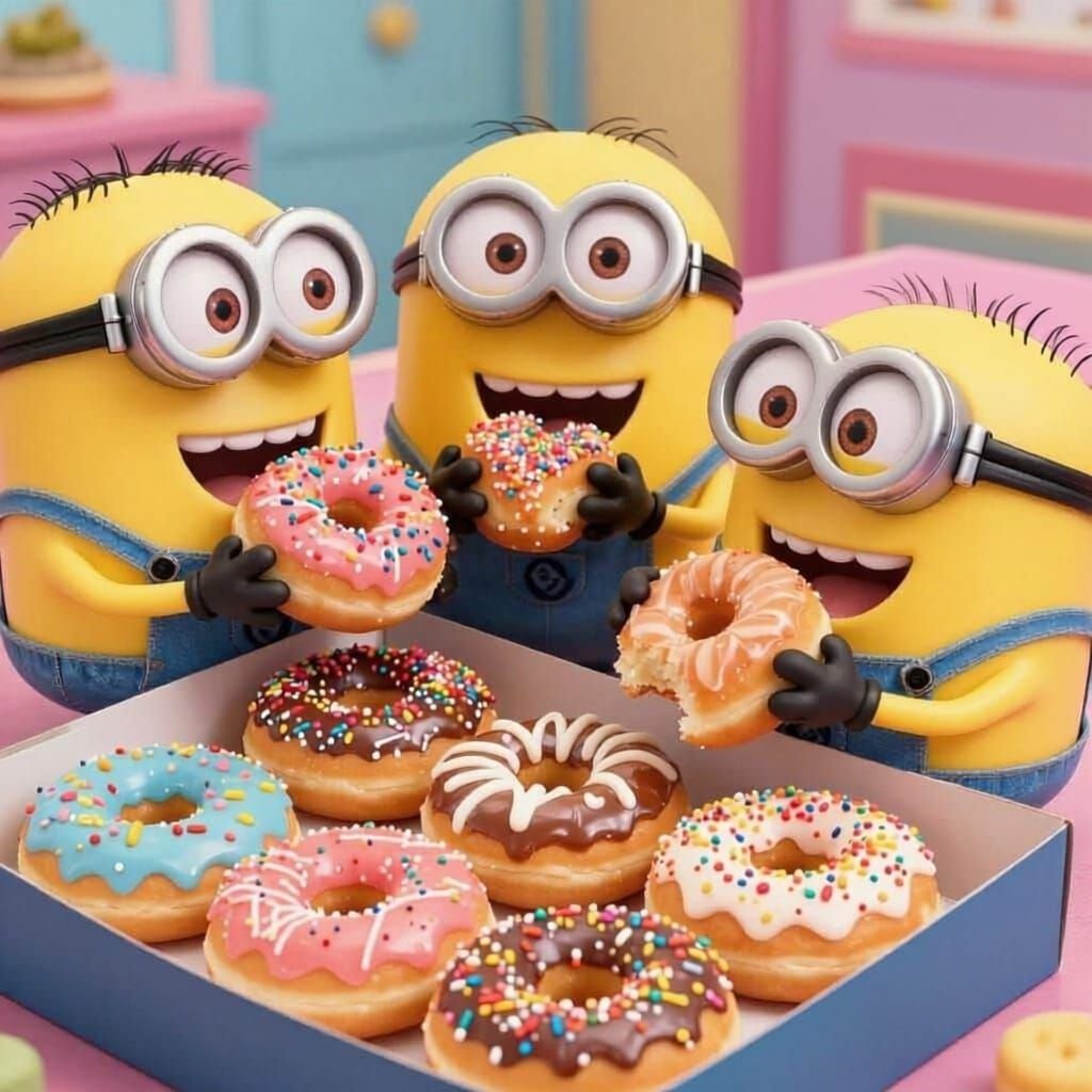 Happy Minions Enjoying Sprinkled Donuts in Photorealistic St...