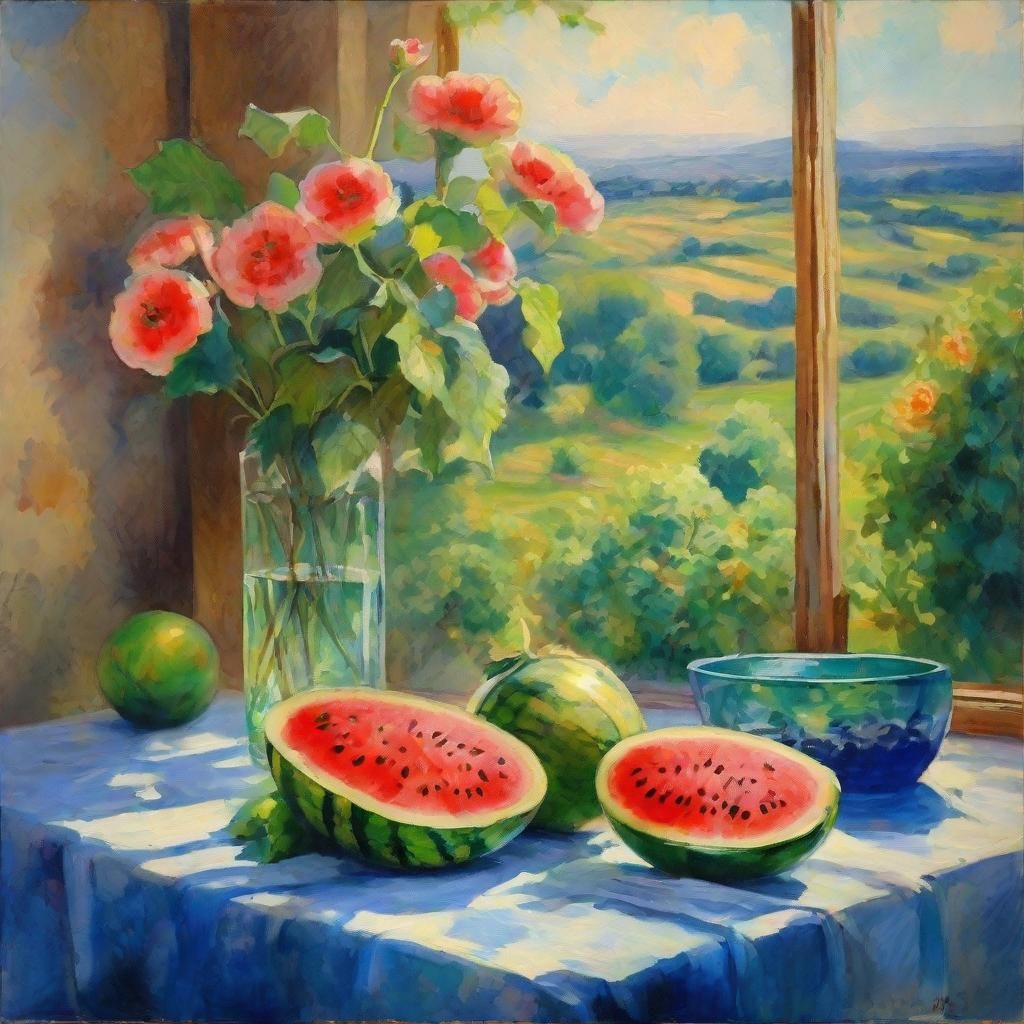 Neo-Impressionist Still Life with Watermelons and Flowers
