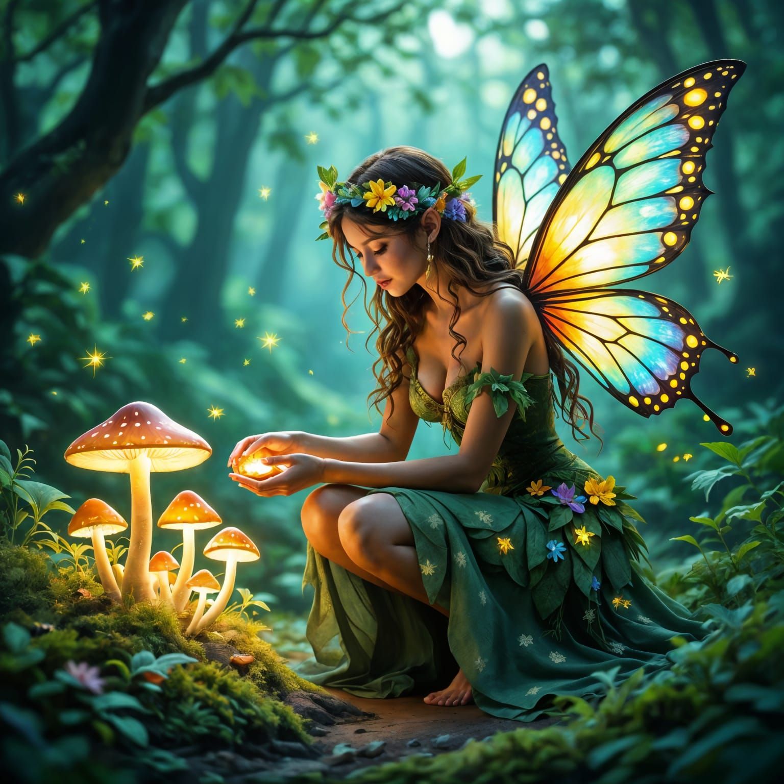 Whimsical Fairy Tends Glowing Mushroom Garden