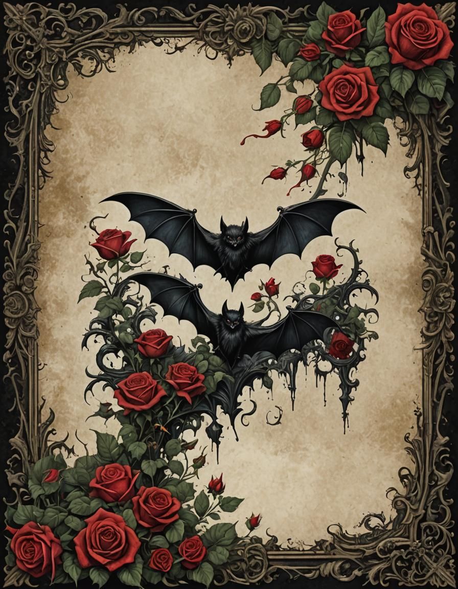 Gothic Victorian Vampire Frame with Roses and Bats
