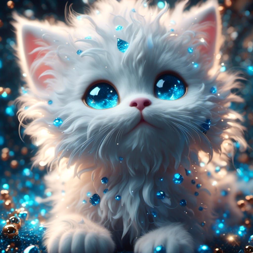 Cute White Kitten with Blue Eyes in 3D Chibi Style