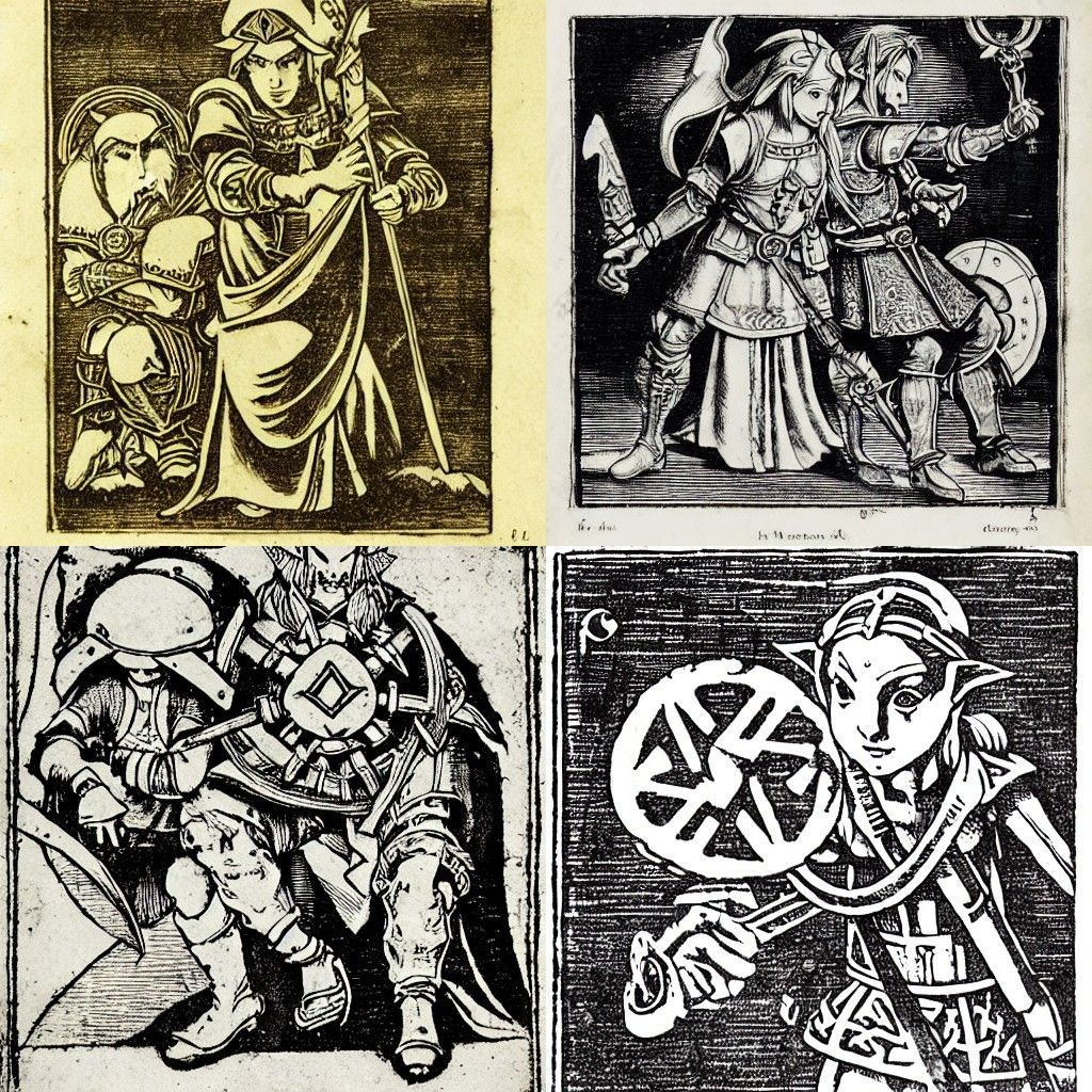 Link and Zelda in 16th Century Engraving Style