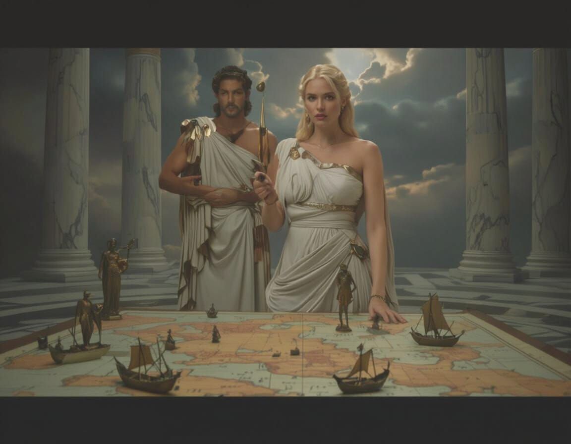 Hera Contemplates Mortal Fate on Ancient Greece Map