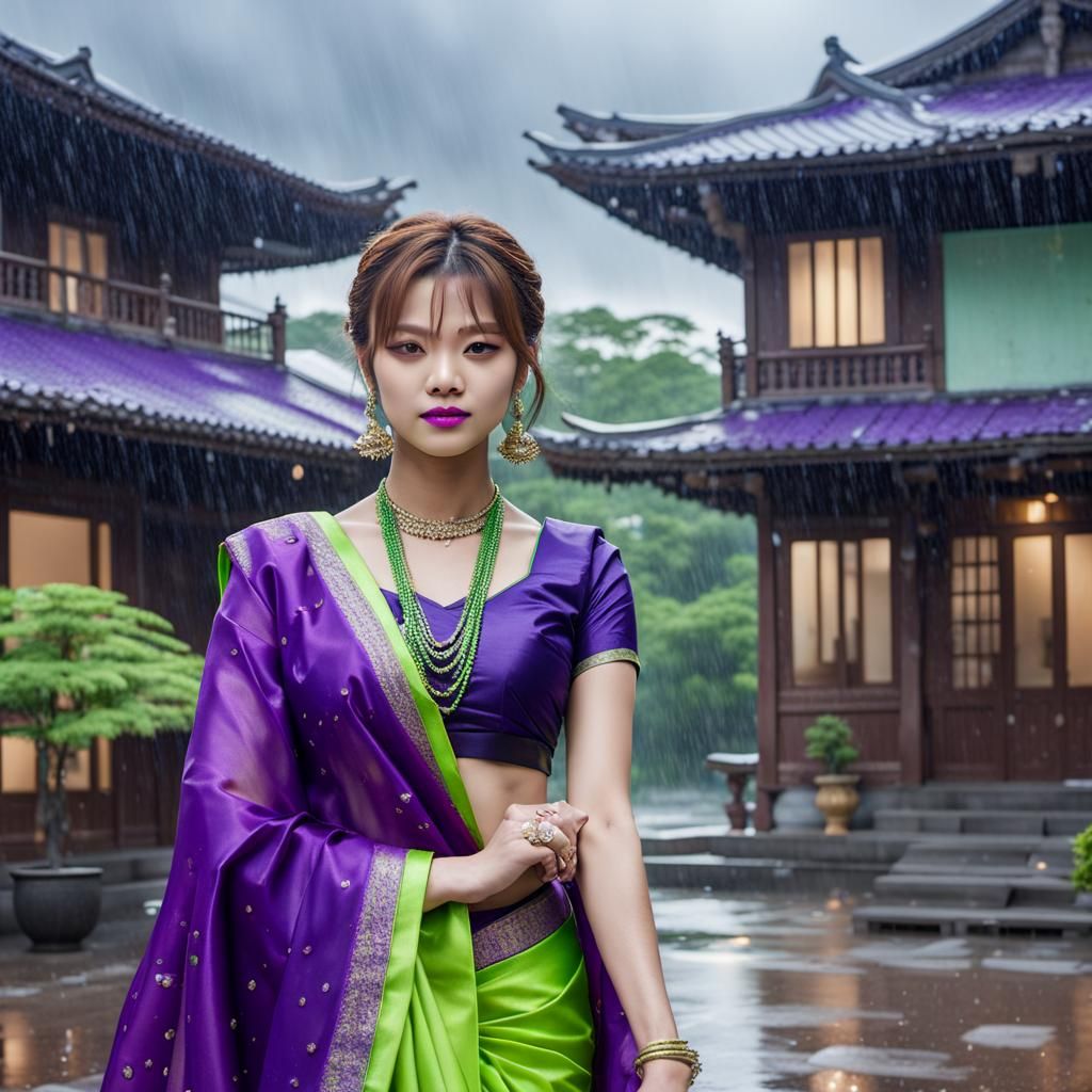 K-pop Star in Silk Saree in Rain: Photorealistic Style
