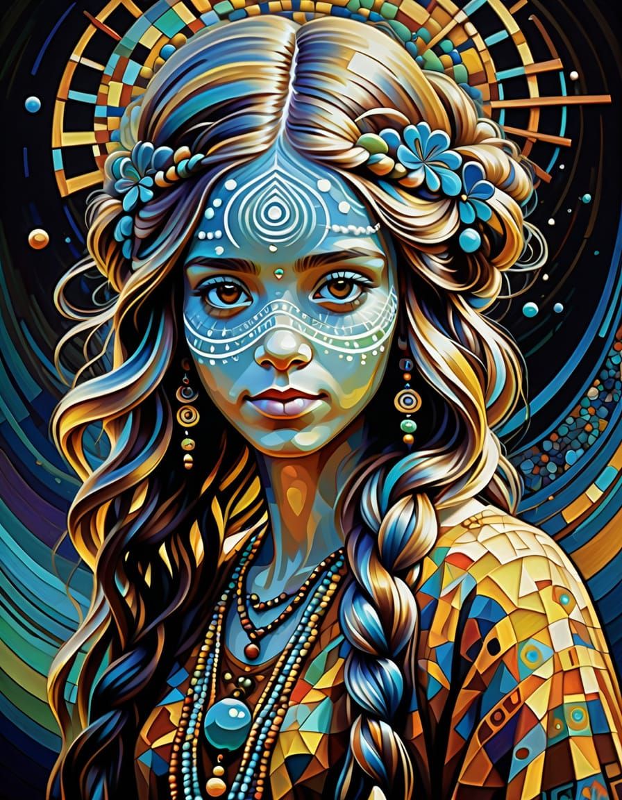 Vibrant Hippie Girl in Escher-Inspired Oil Painting