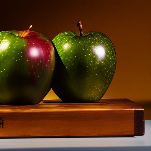 Apple on Engraved Wood Base in Museum Setting