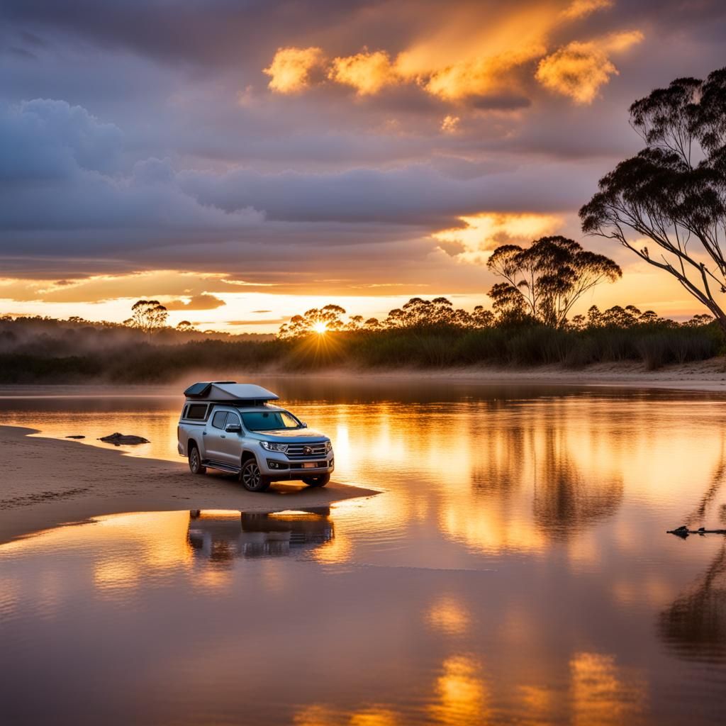 Crocodile River Scene with Hunters at Sunset