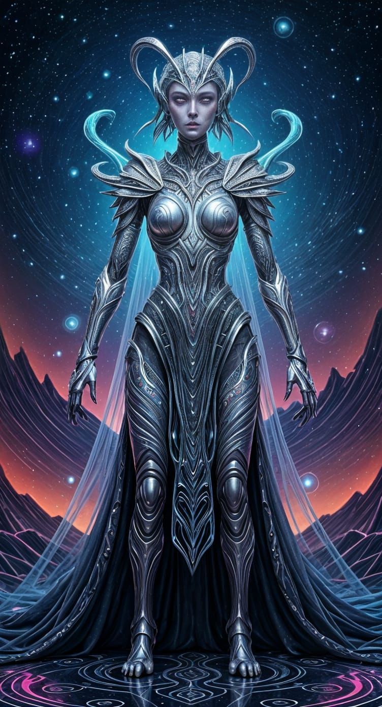 Ethereal Insect Woman in Silver Armor, Cosmic Art