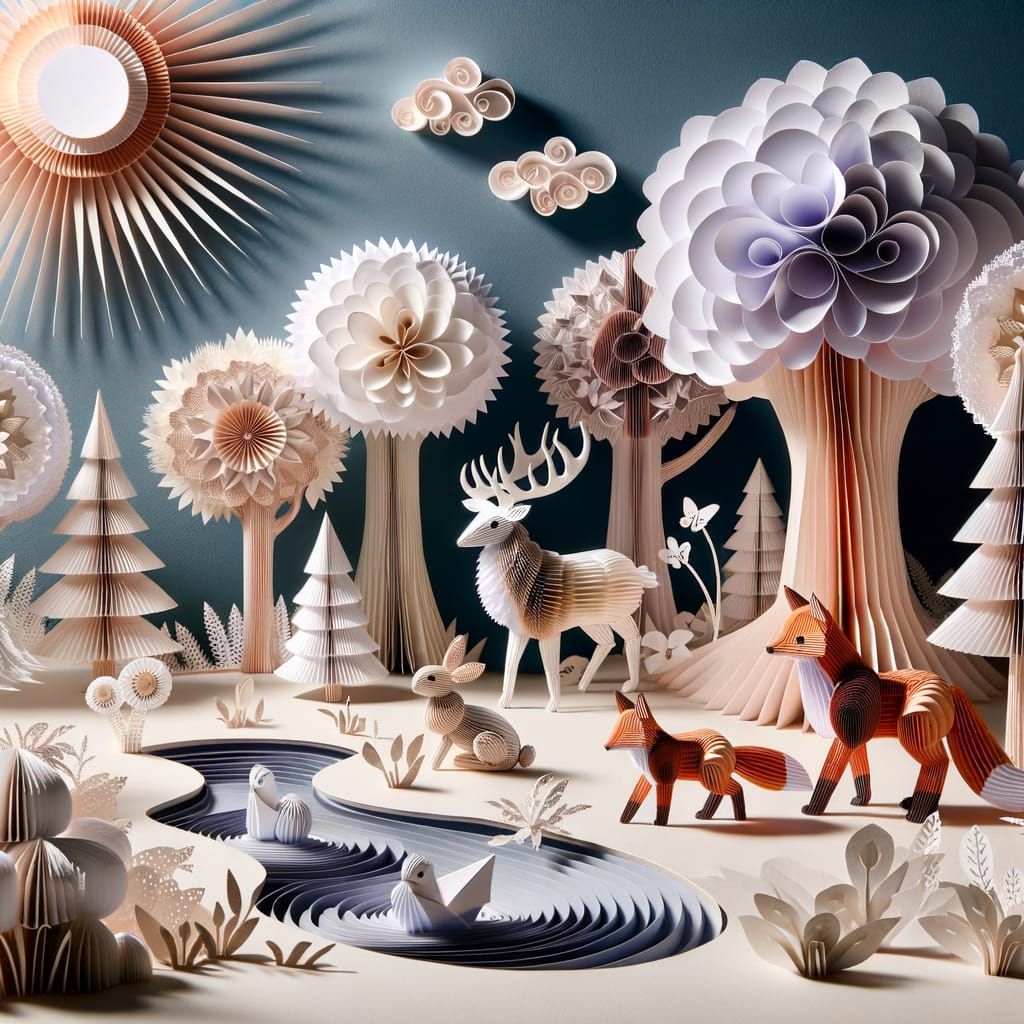 Whimsical Paper Forest with Intricate Paper Animals