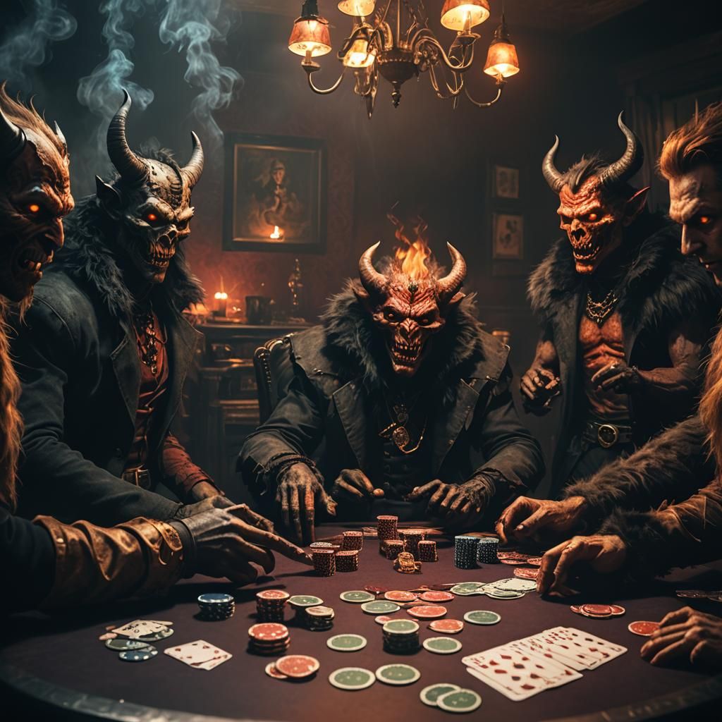 Demons Playing Poker in Dark Fantasy Art Style