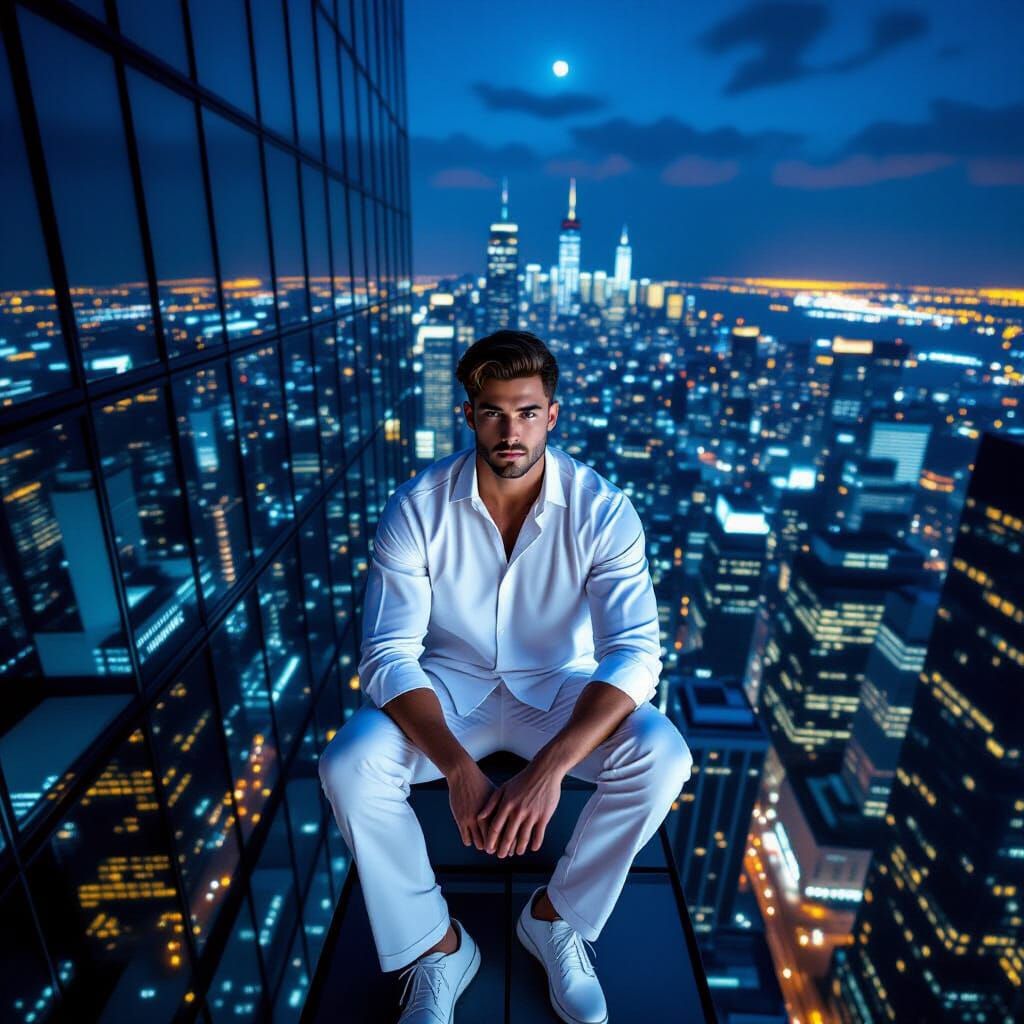 Man on Skyscraper Edge at Night: Hyper-realistic Cinematic S...