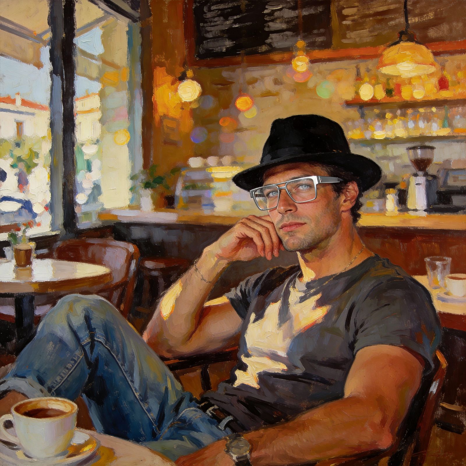 Man in Coffee Shop, Oil Painting in Jose Royo Style