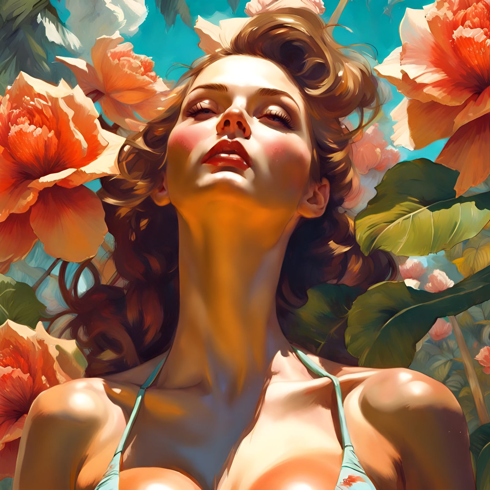 Woman in Floral Bikini: Digital Art Portrait