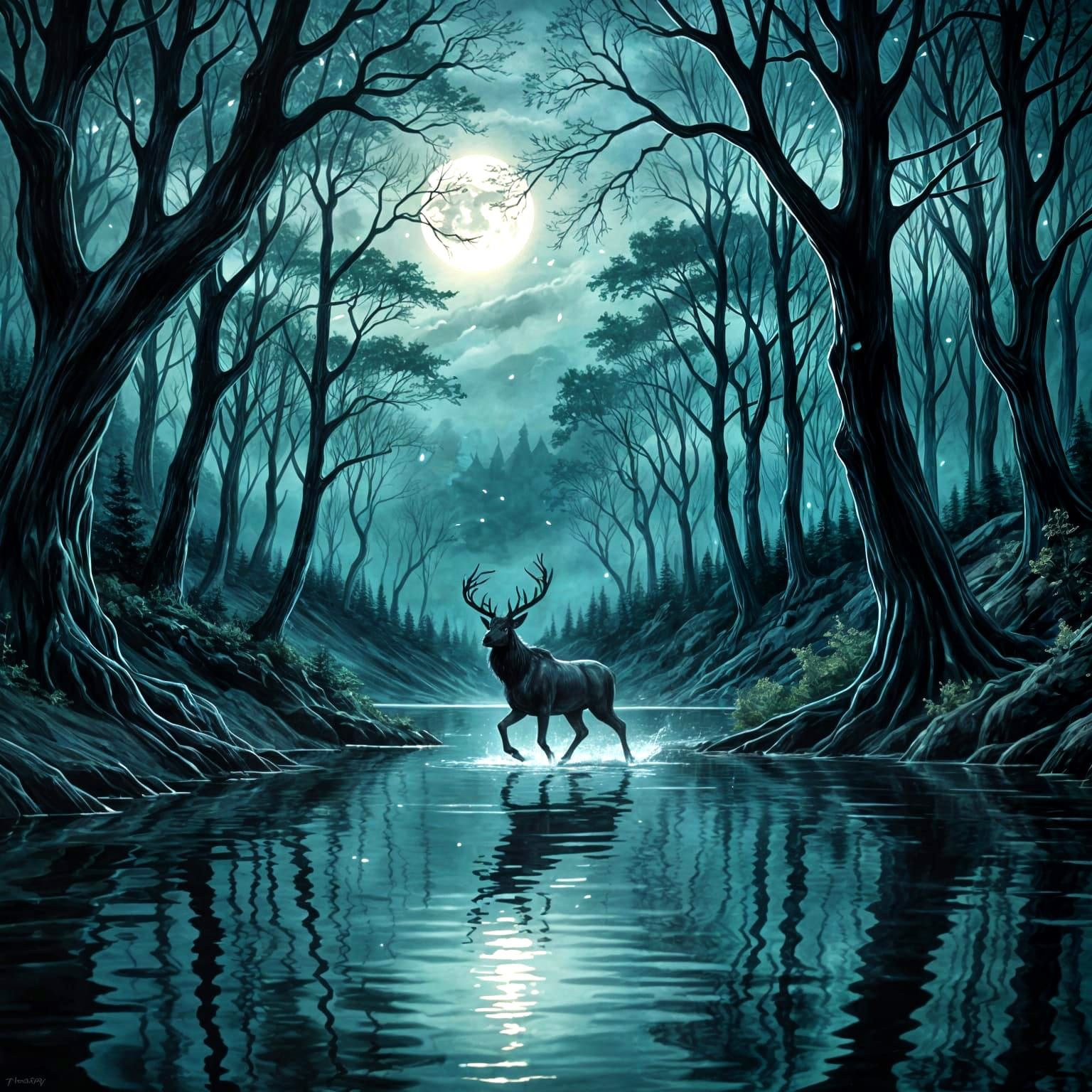Stag Patronus Galloping Across Black Lake