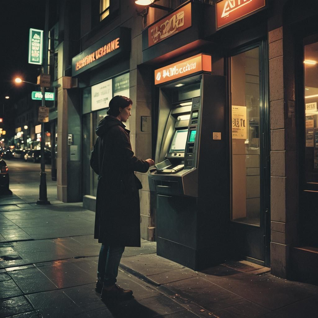 Nighttime ATM Withdrawal in Cinematic Style