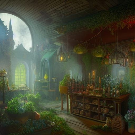 Witch Apothecary with Herbs in Detailed Matte Painting