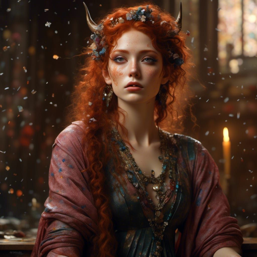 Red-Headed Horned Goddess in Storm, High Fantasy