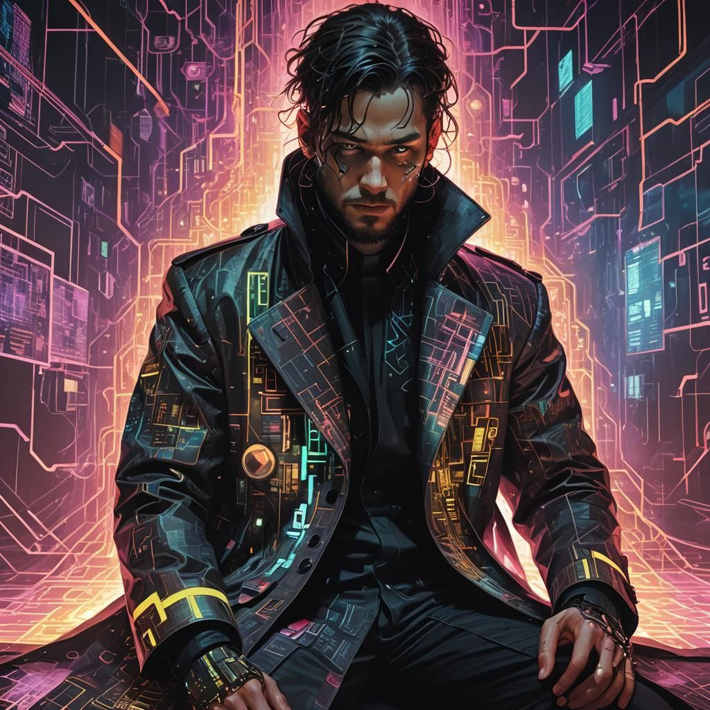 Cyberpunk Hacker in Neon-Lit Room, Art Nouveau Style