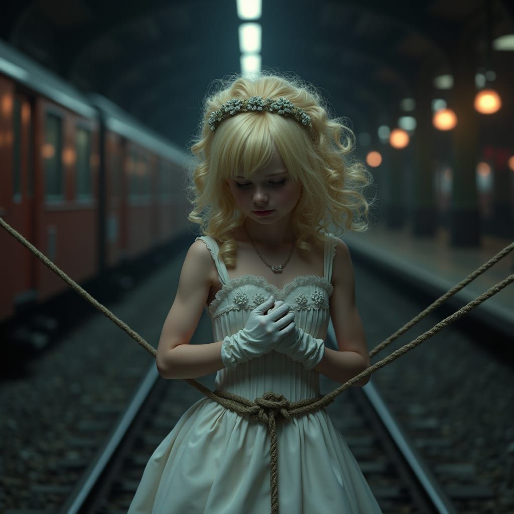 Girl in Wedding Dress Tied to Train Tracks