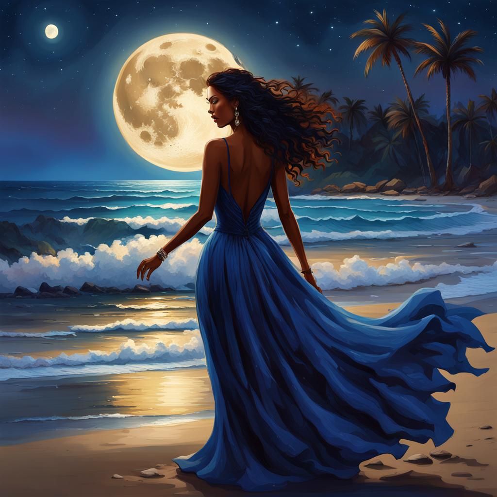 A breathtaking seaside paradise is brought to life by the light of a full moon