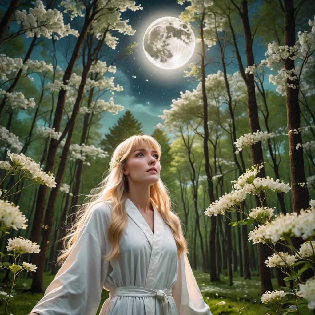Moonlit Forest: Woman in White Robe