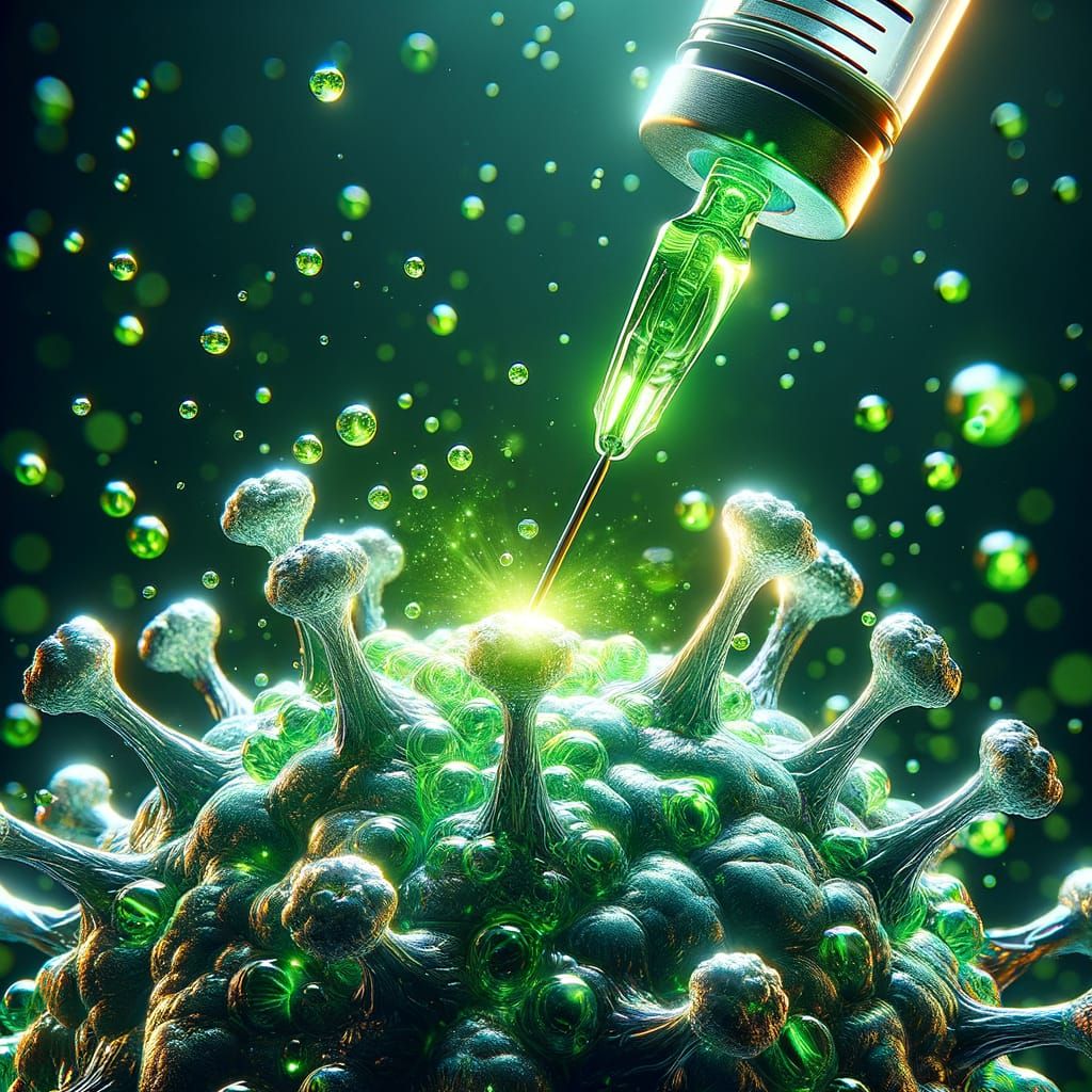 Macro Photo: Virus Chain Reaction with Luminous Green Liquid