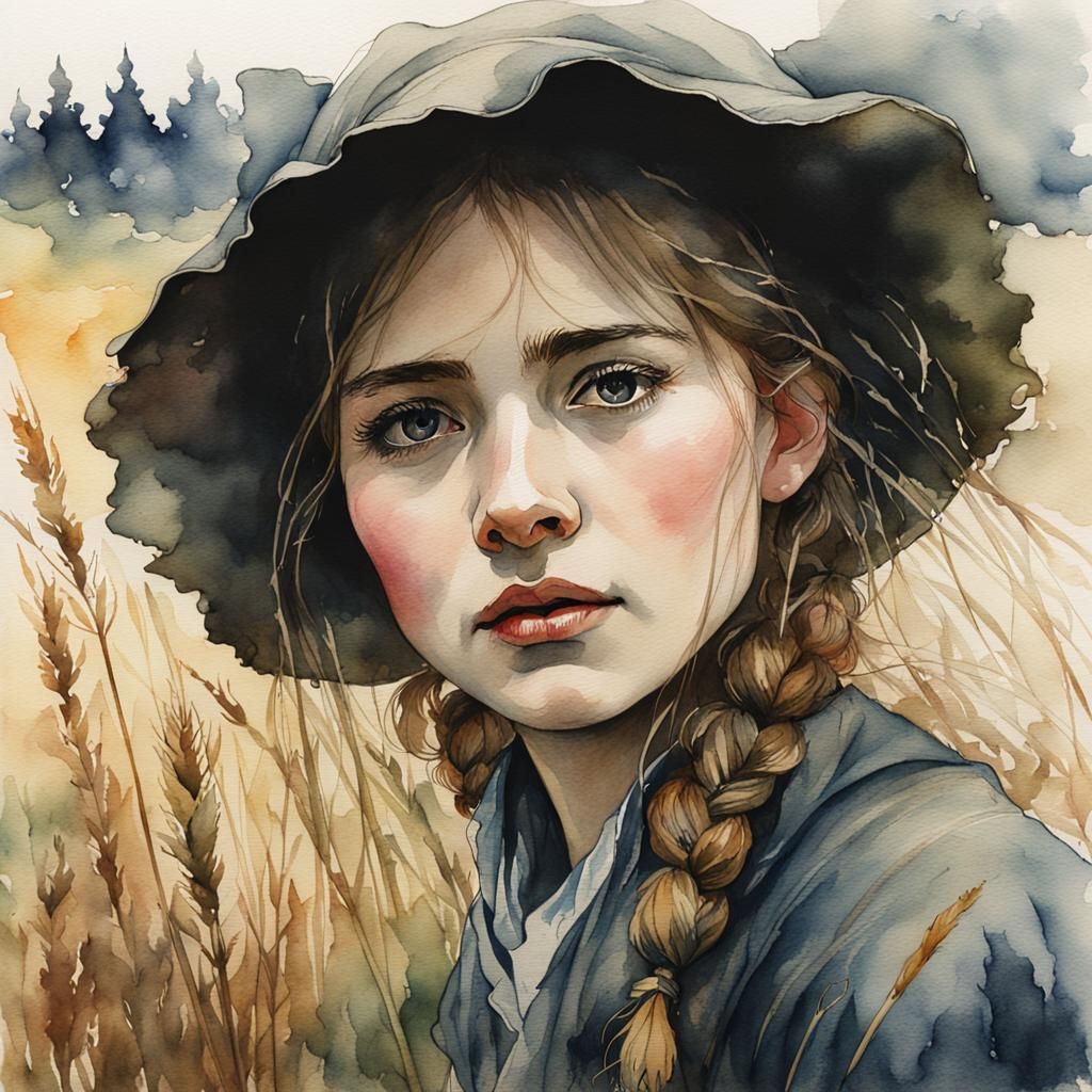 Peasant Woman in Field: Watercolor Storybook Illustration