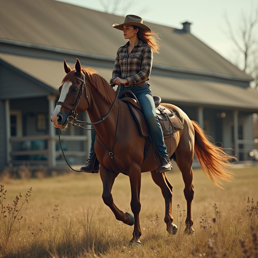 Cowgirl on Horseback: Hyperrealistic Western Scene
