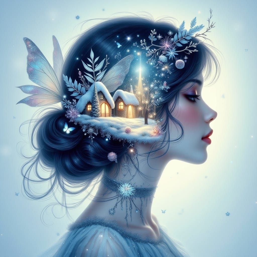 Winter Fairytale Silhouette in Watercolor Style