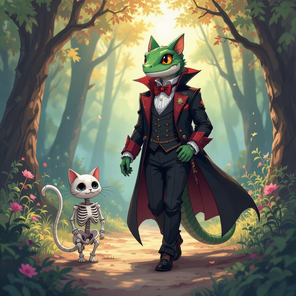 Lizard Vampire and Skeleton Cat in Magical Forest