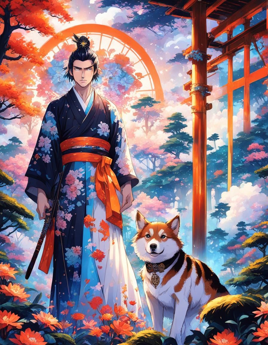 Steampunk Samurai in Bioluminescent Forest: Anime Artwork