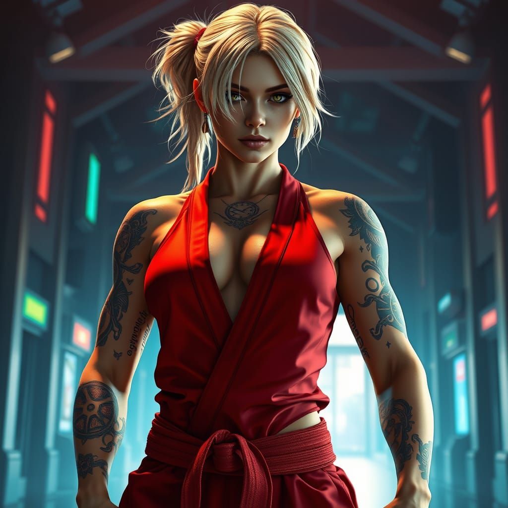 Clockwork Woman in Cyberpunk Dojo: Digital Matte Painting