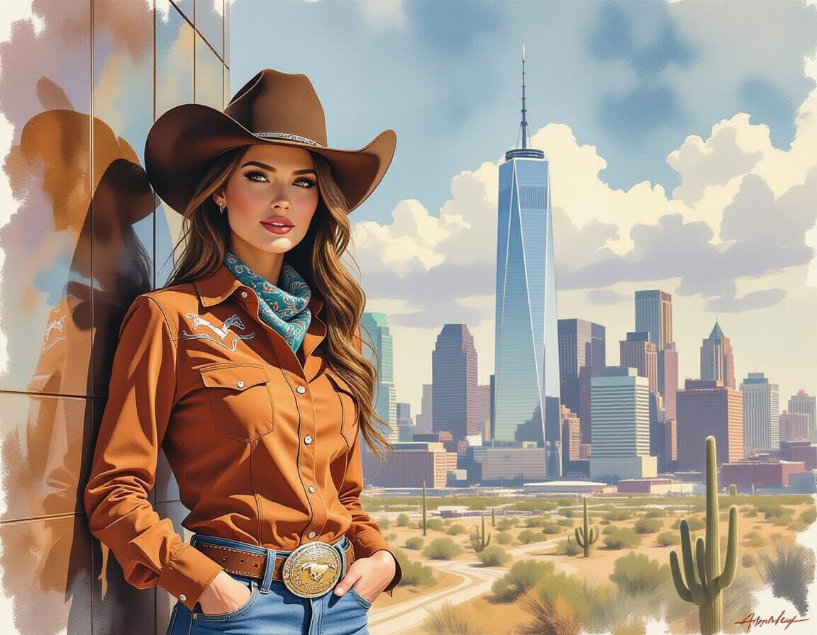 Cowgirl Leaning on Skyscraper as Oil Painting