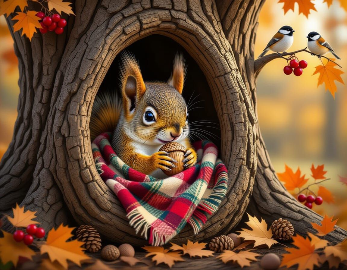 Cute Baby Squirrel in Plaid Blanket with Acorn