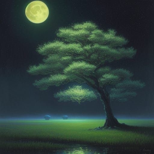Dreamlike Moonlit Scene with a Lonely Tree